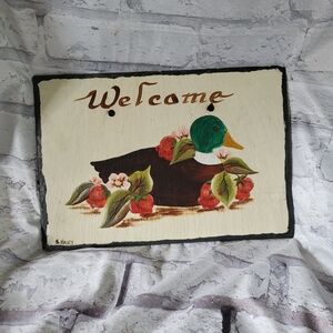 Welcome sign, hand painted on slate tile mallard duck